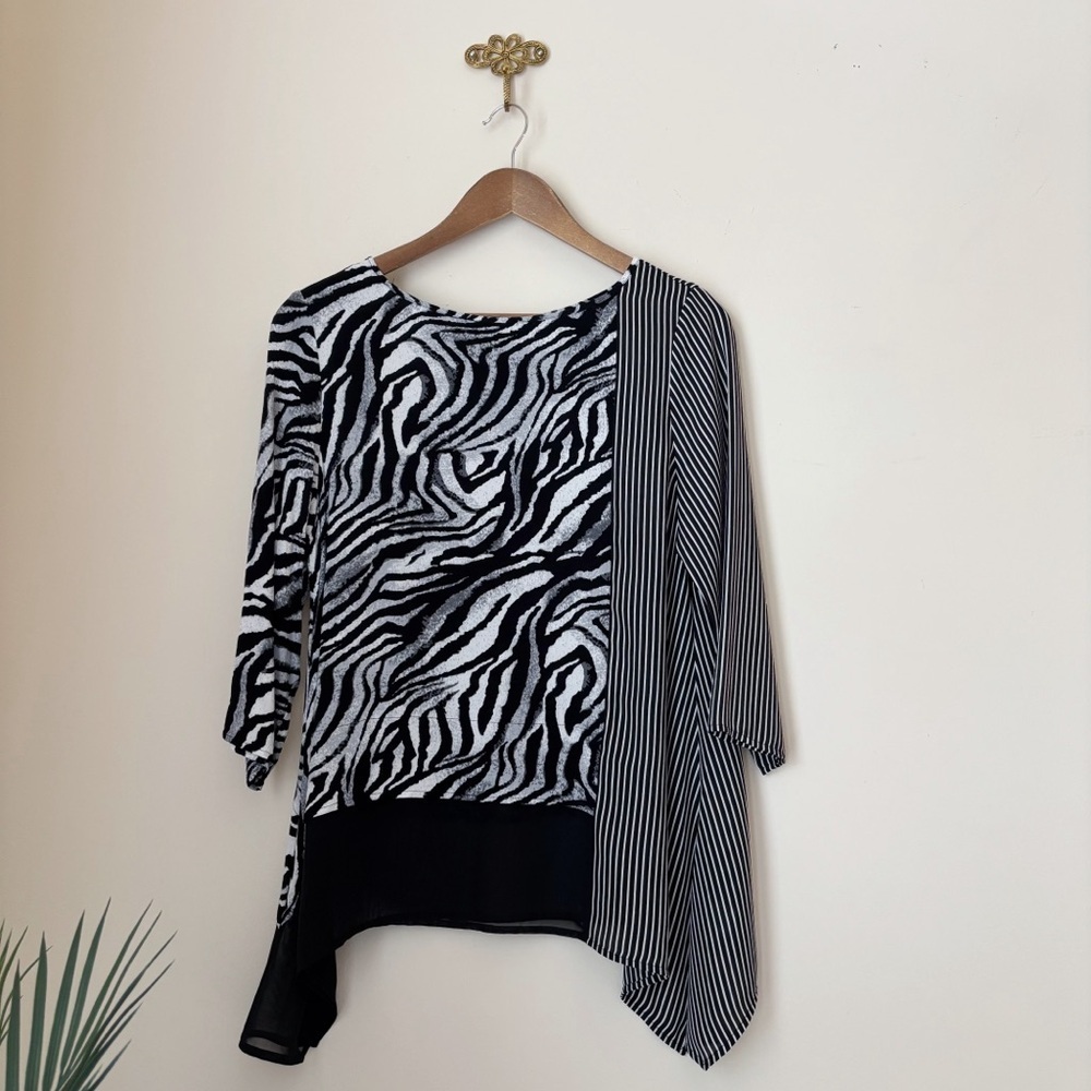 Ming Wang Mixed Animal Print Stripe Asymmetrical Tunic Top XS Maximalist